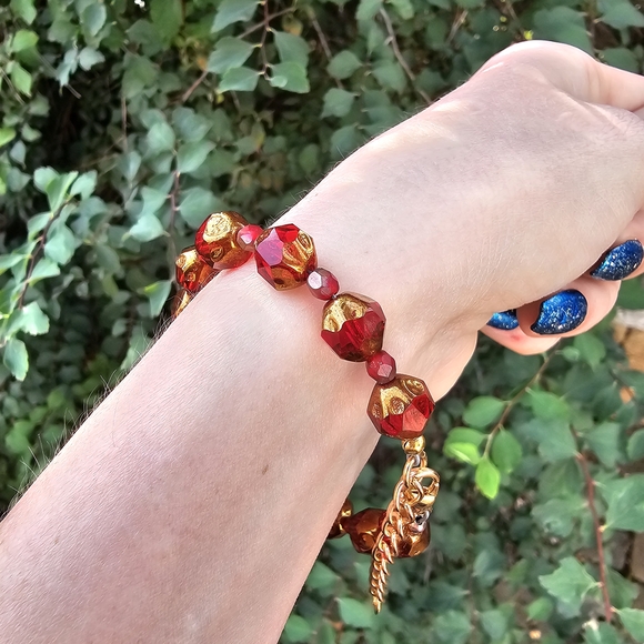 Hand Crafted Jewelry - Hand Crafted Red and Gold Beaded Bracelet